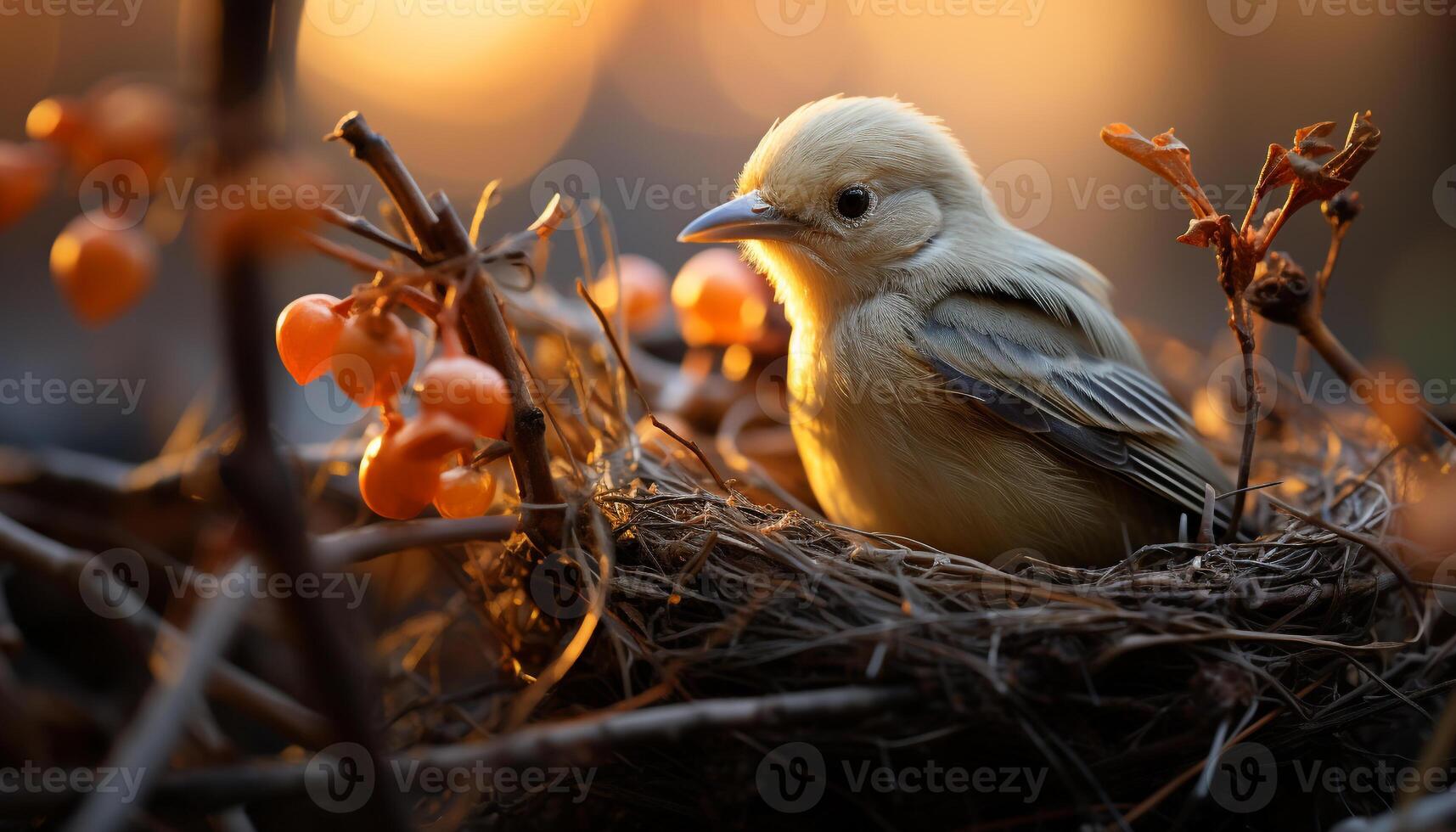 AI generated Cute young bird perching on branch in nature generated by AI photo