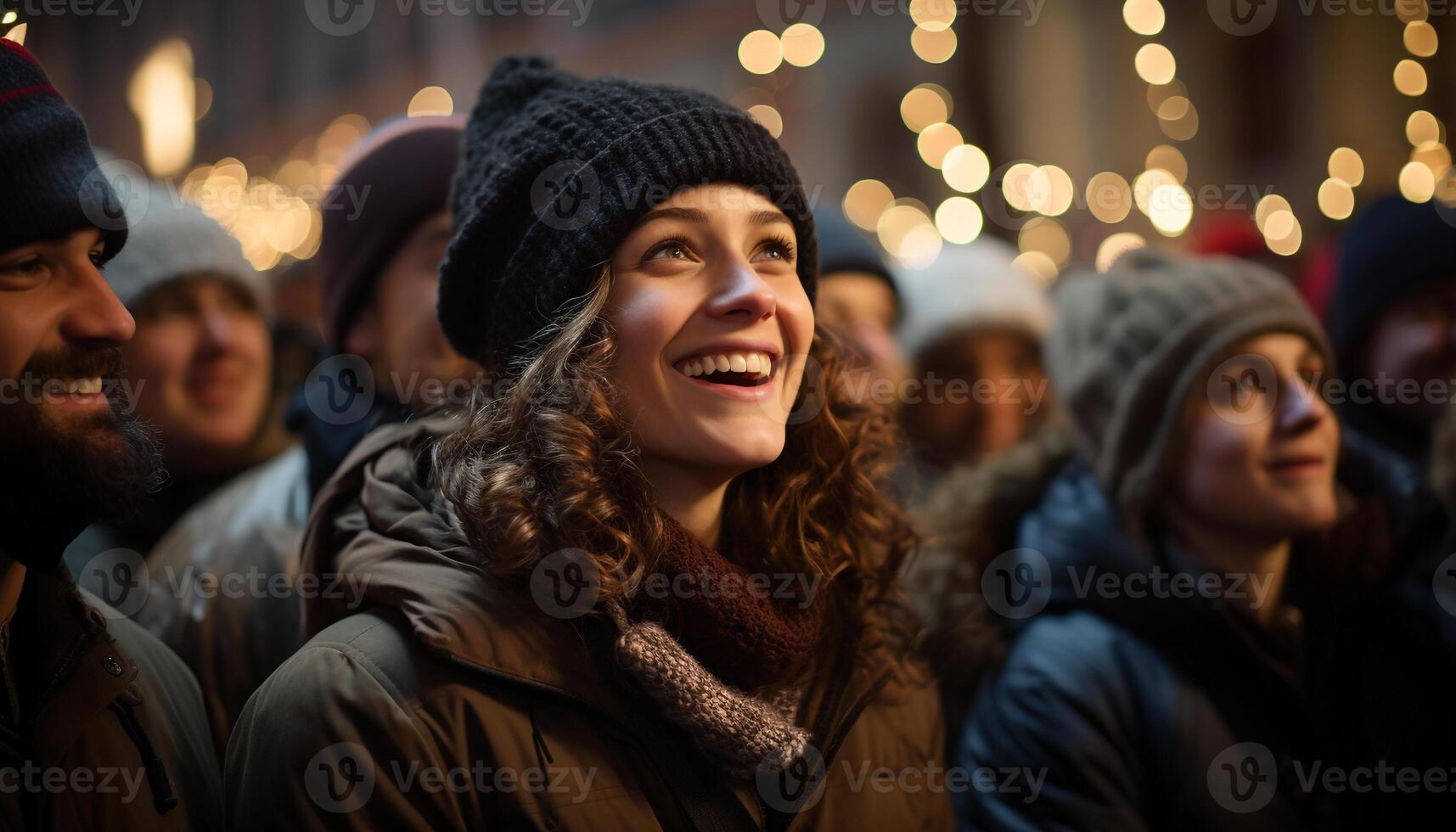 ai generado grupo de personas caminando, sonriente, disfrutando invierno noche generado por ai foto