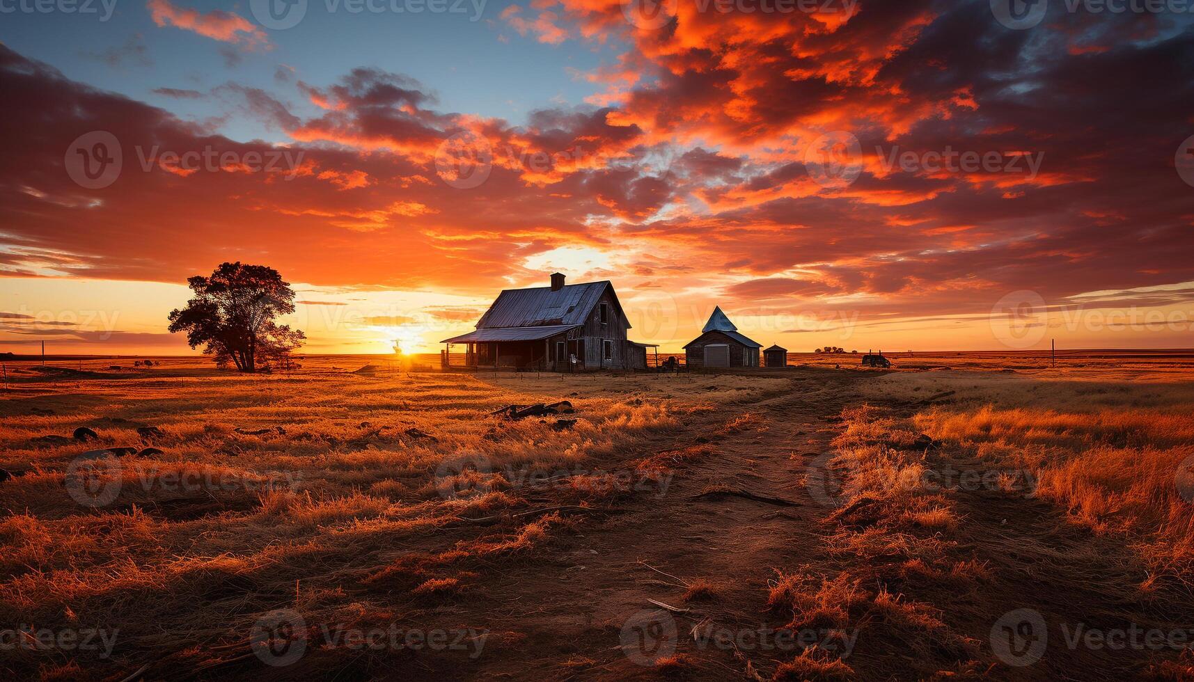 AI generated Tranquil sunset over rustic farm, nature beauty generated by AI photo