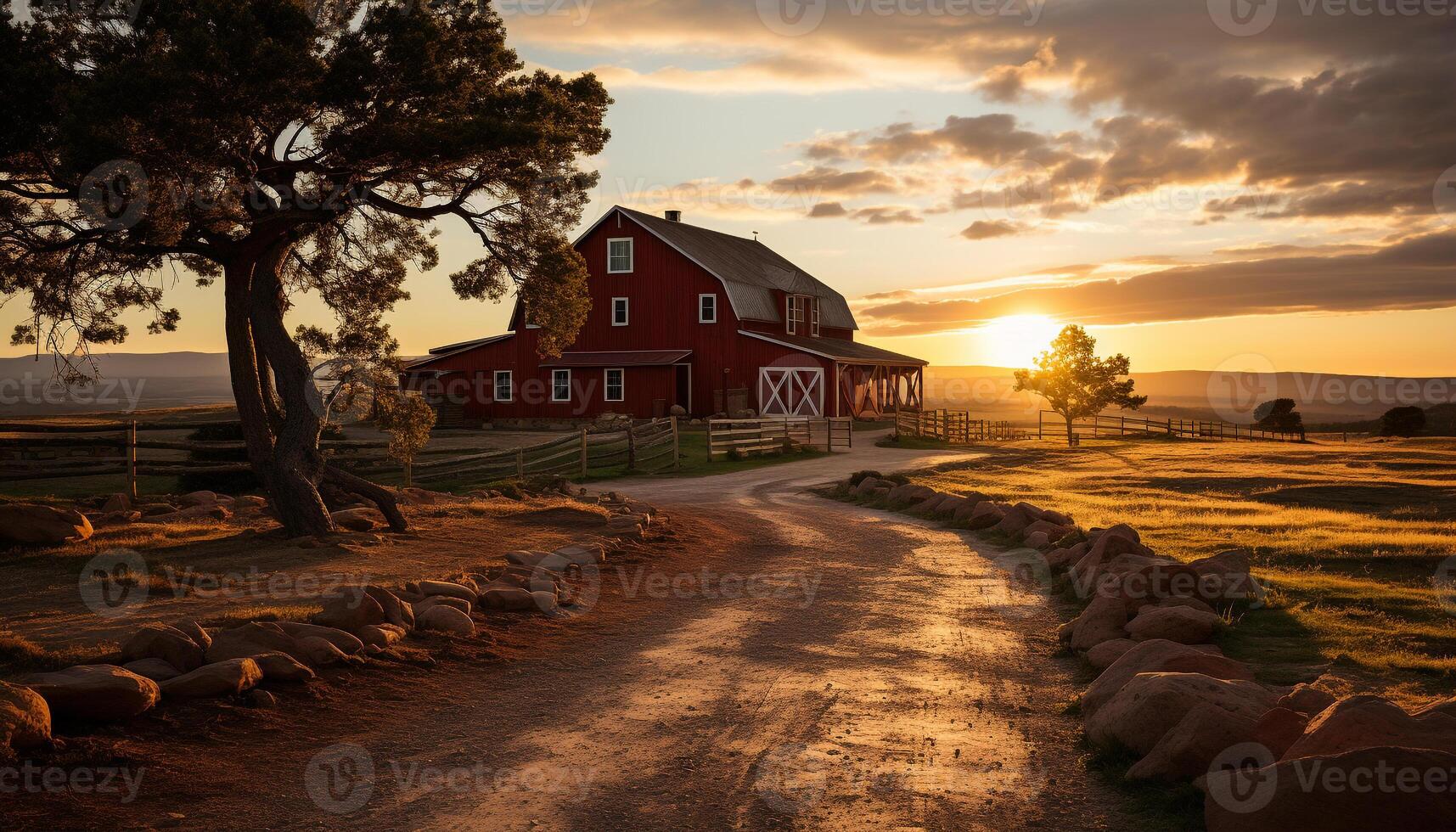 AI generated Sunset over a rural farm, nature tranquil beauty generated by AI photo