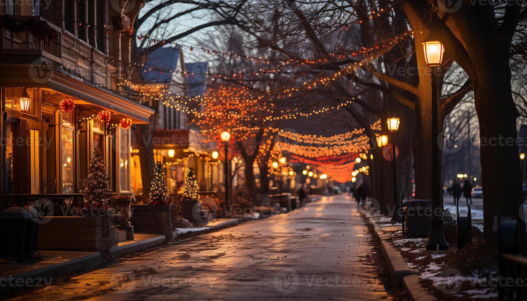 AI generated Winter night illuminated by Christmas lights in the city generated by AI photo