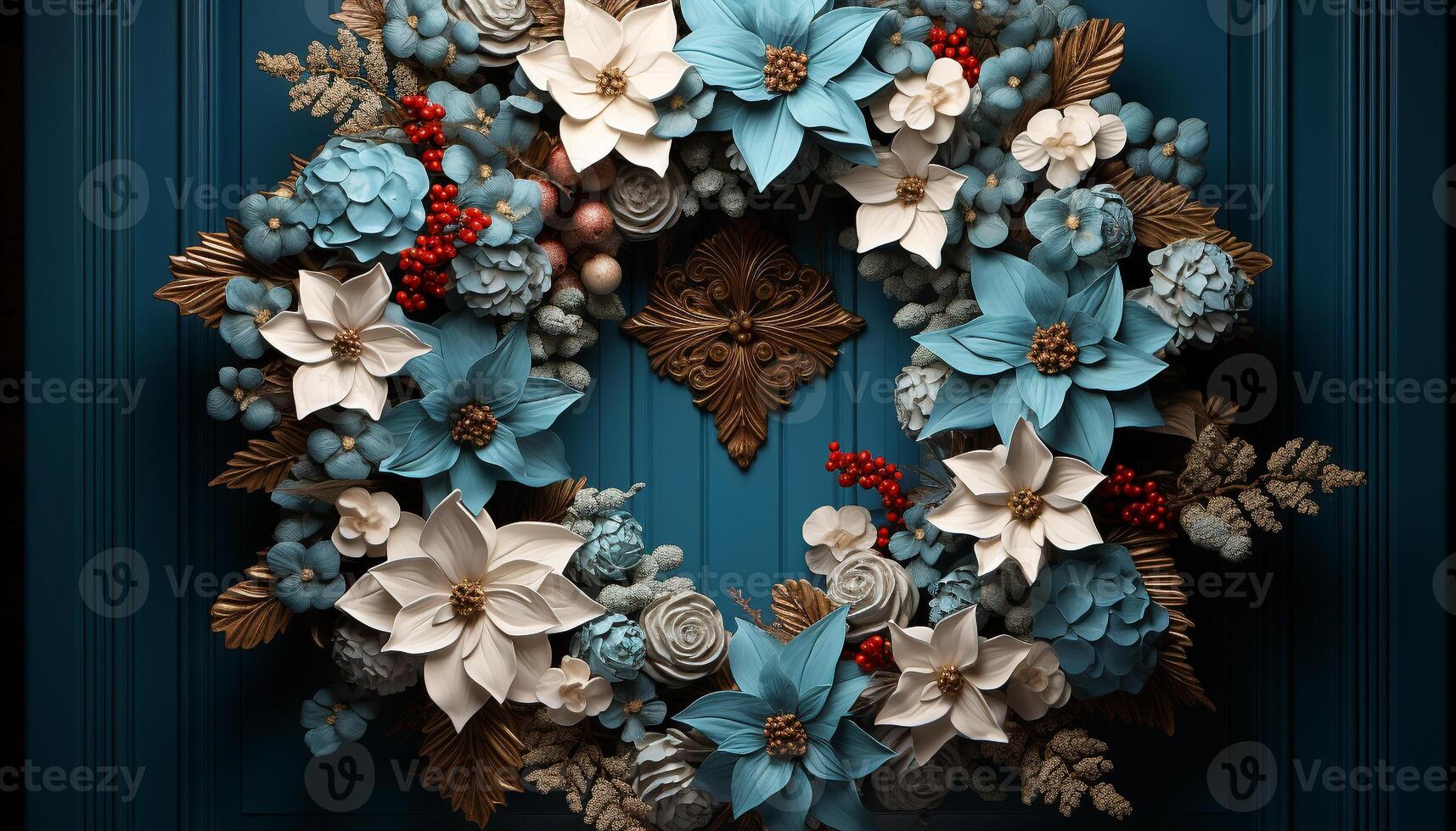 AI generated Flower bouquet on rustic wooden door, symbolizing romance generated by AI photo