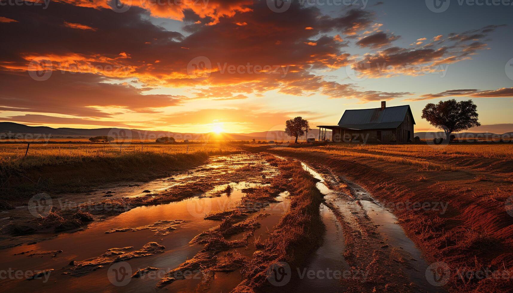 ai generado tranquilo puesta de sol terminado rural granja, naturaleza belleza generado por ai foto