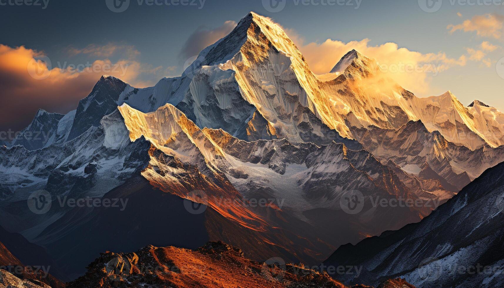 ai generado majestuoso montaña cima, nevado y tranquilo paisaje generado por ai foto