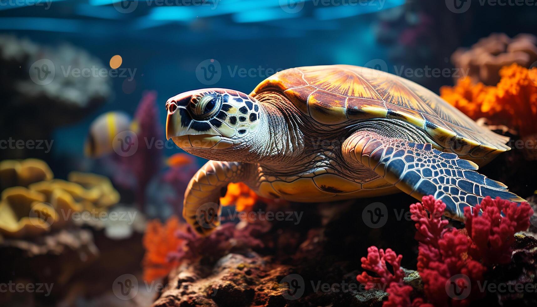 AI generated Underwater adventure  turtle swimming in colorful coral reef generated by AI photo