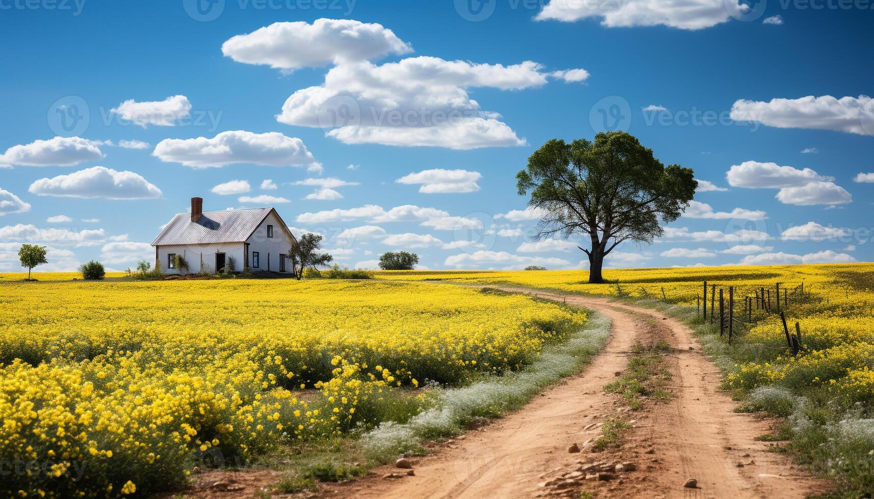 AI generated Rural farm landscape, yellow meadow, blue sky generated by AI photo