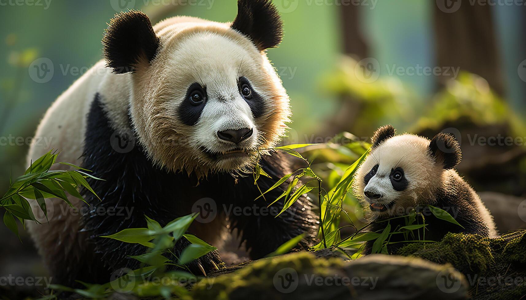 AI generated Cute panda eating bamboo in the wild forest generated by AI photo