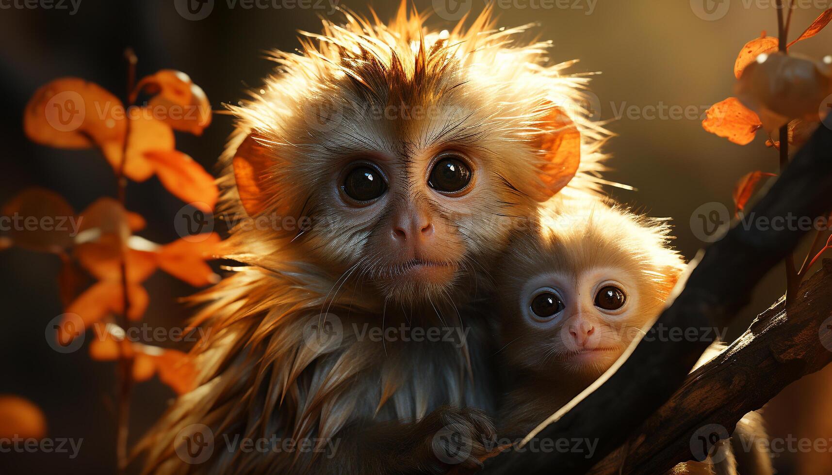 AI generated Cute small monkey sitting on tree branch generated by AI photo