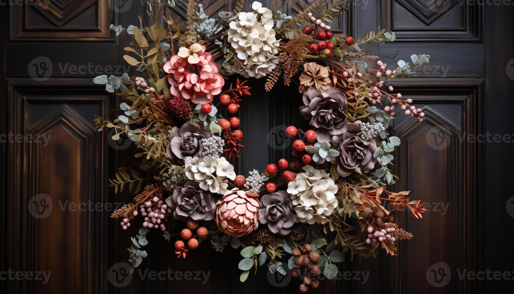 AI generated Rustic wood wreath with holly and pine cone generated by AI photo