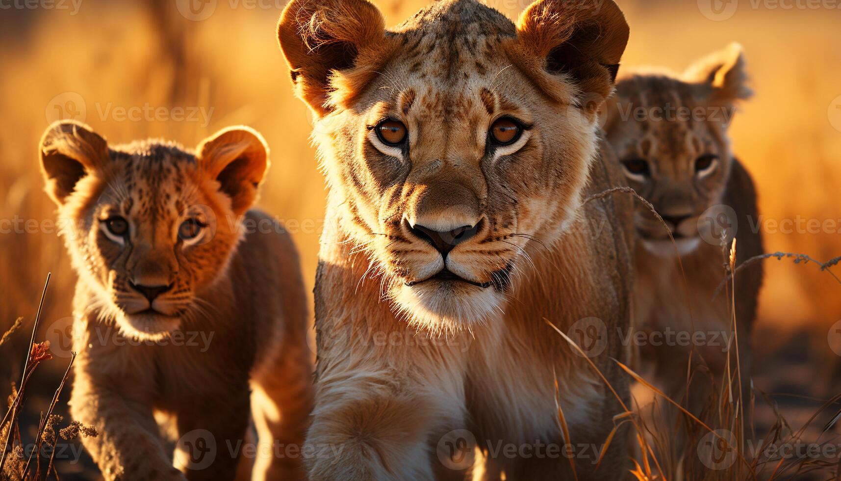 AI generated Lioness and cub in African wilderness at sunset generated by AI photo