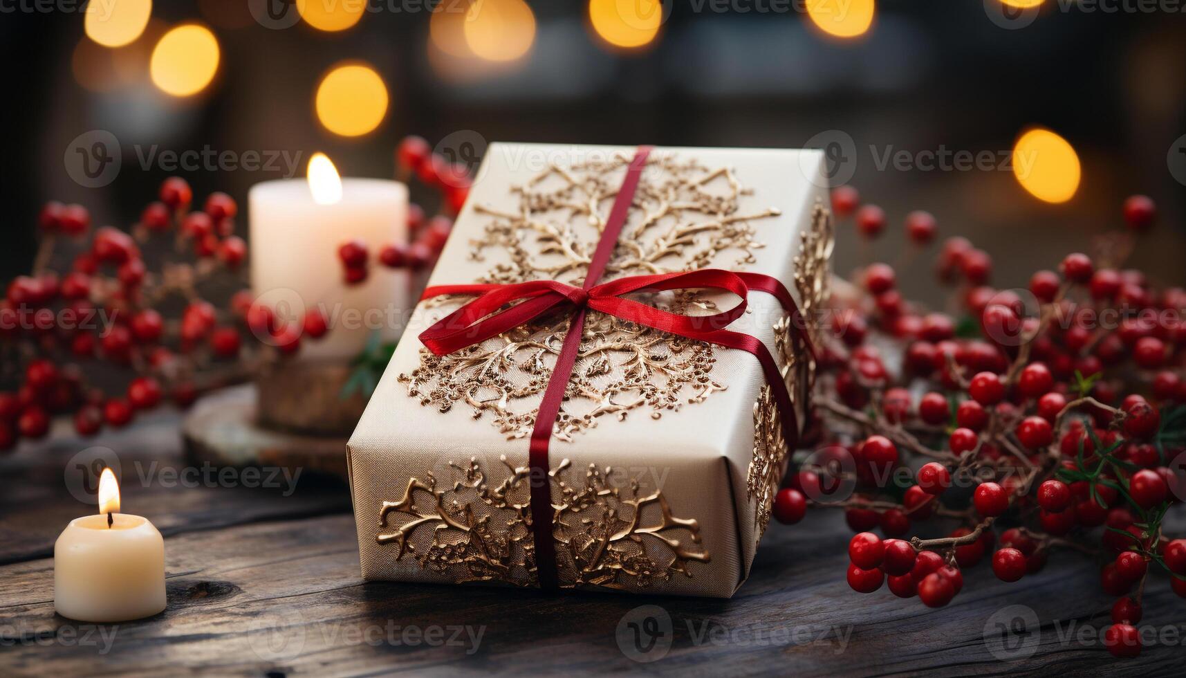 AI generated Rustic wood table adorned with illuminated Christmas decorations generated by AI photo