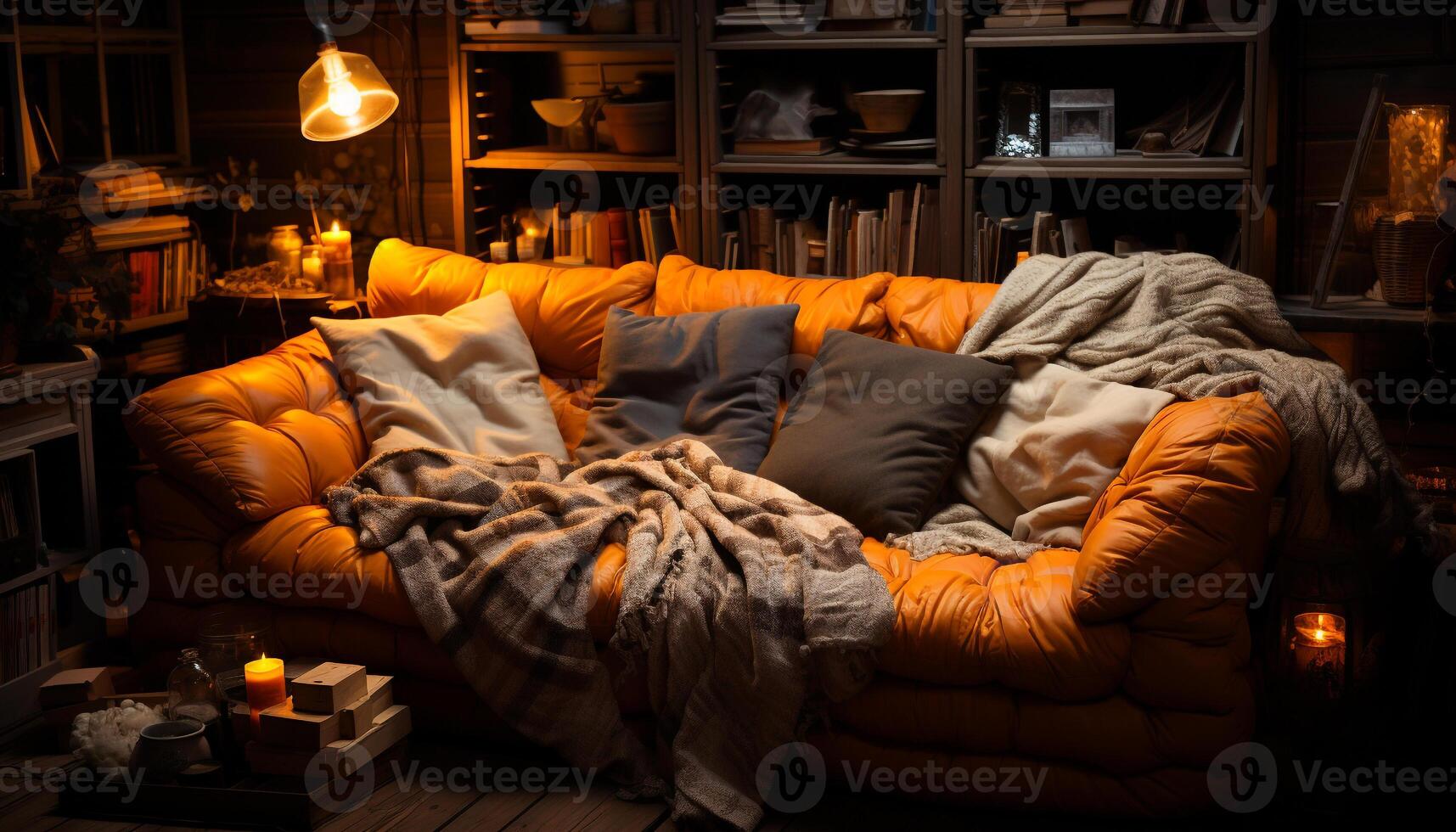 AI generated Cozy bedroom with modern lamp, comfortable sofa generated by AI photo