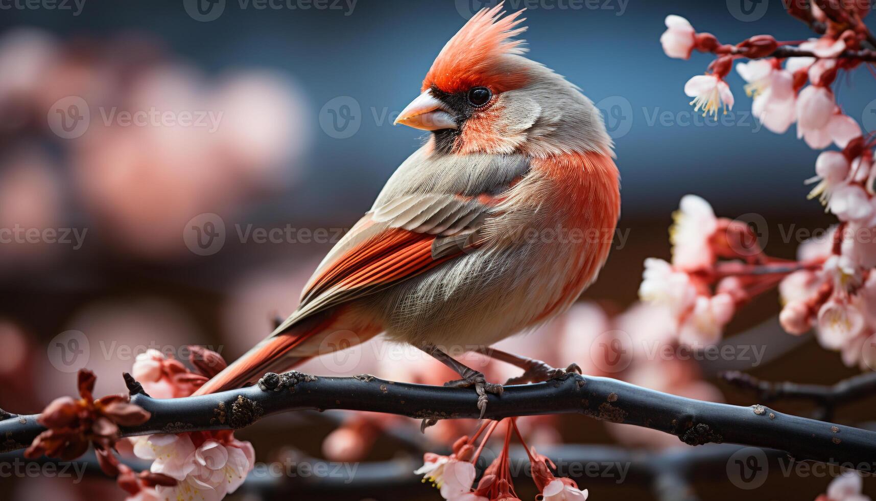 AI generated Colorful finch perched on cherry blossom branch generated by AI photo
