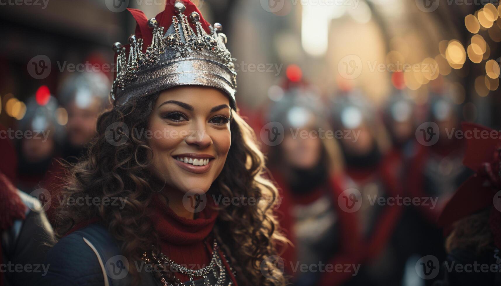 ai generado sonriente joven mujer disfrutando la vida nocturna, mirando a cámara generado por ai foto