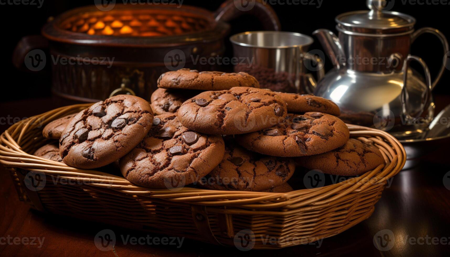 AI generated Homemade chocolate chip cookies on rustic wooden table generated by AI photo