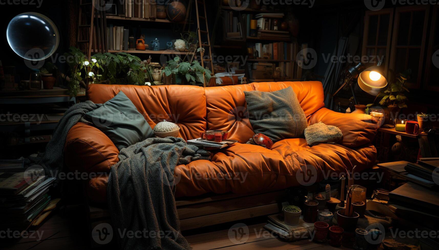 AI generated Cozy sofa, pillow, lamp, bookshelf perfect relaxation generated by AI photo