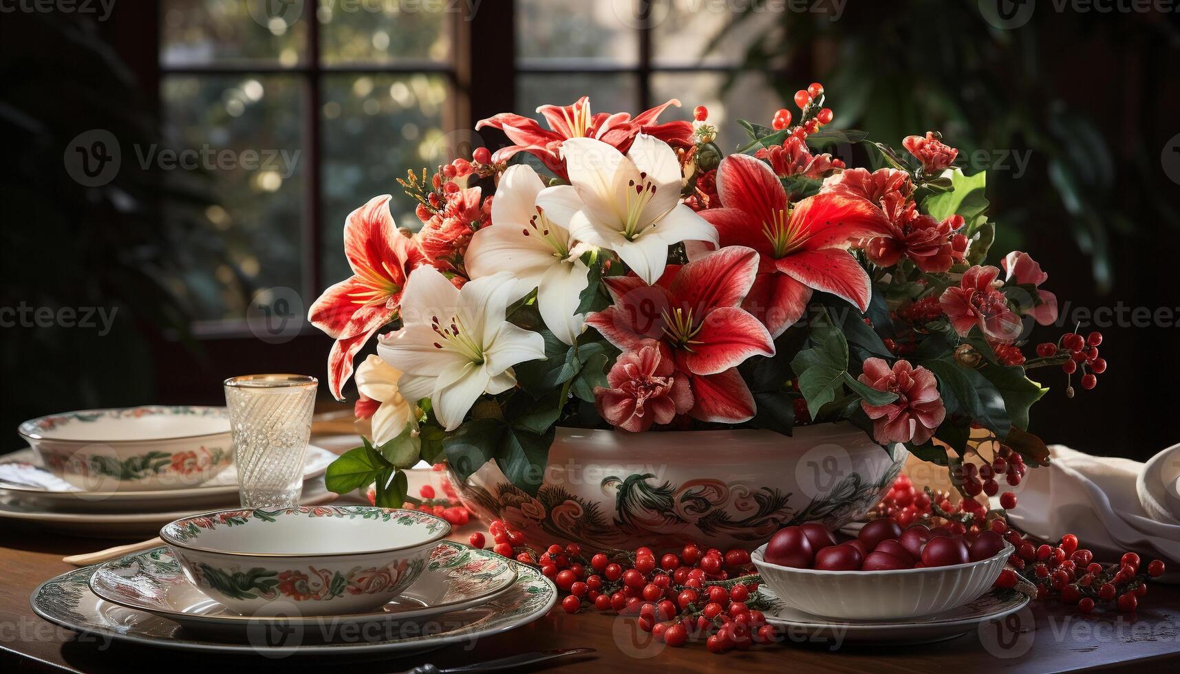 AI generated Fresh flower bouquet brings elegance to rustic table generated by AI photo