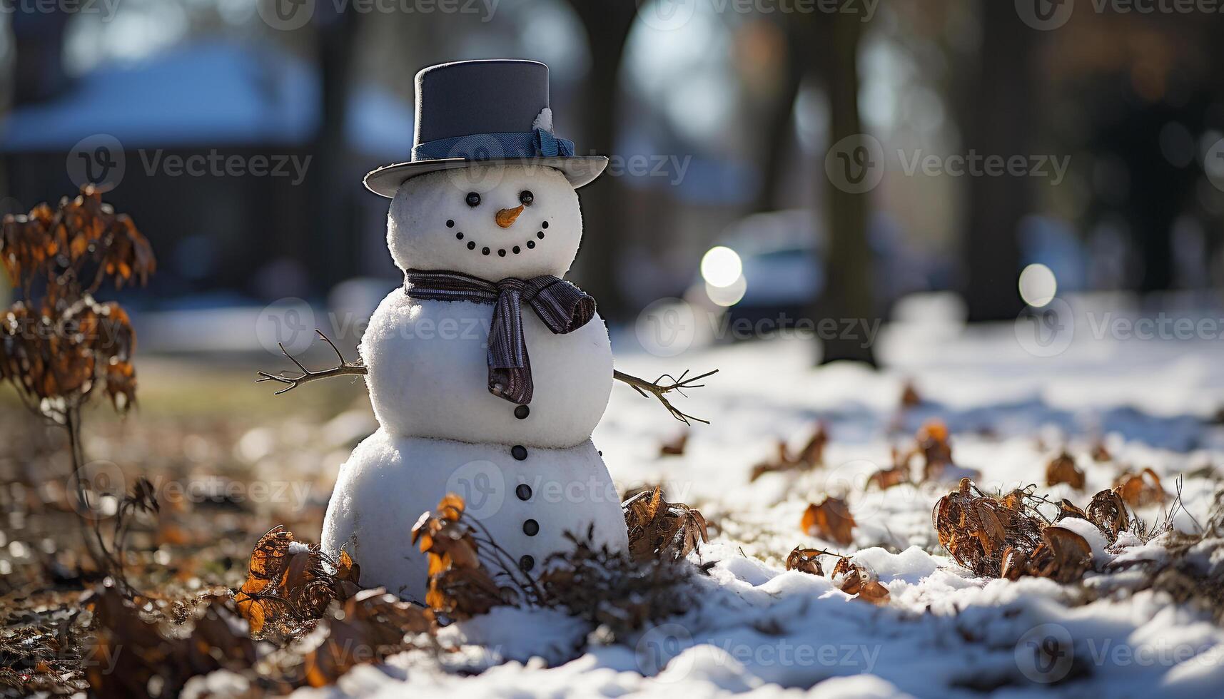 AI generated Cheerful snowman smiles, wearing top hat and carrot generated by AI photo