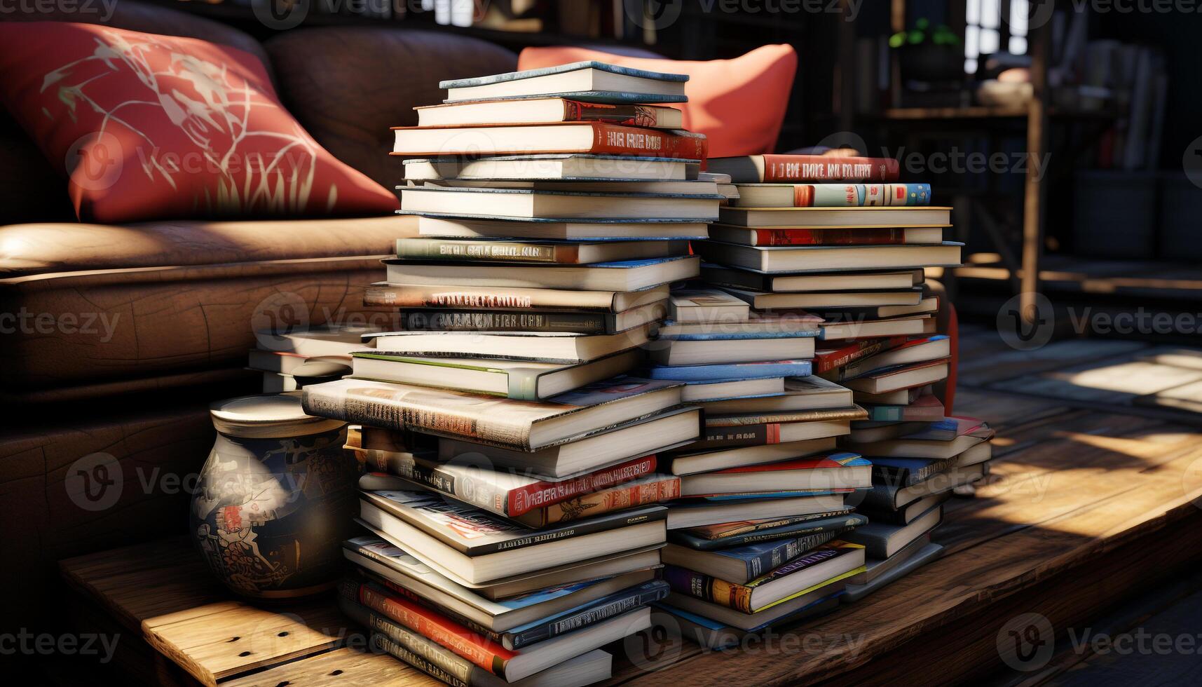 AI generated Stack of old books in a library generated by AI photo