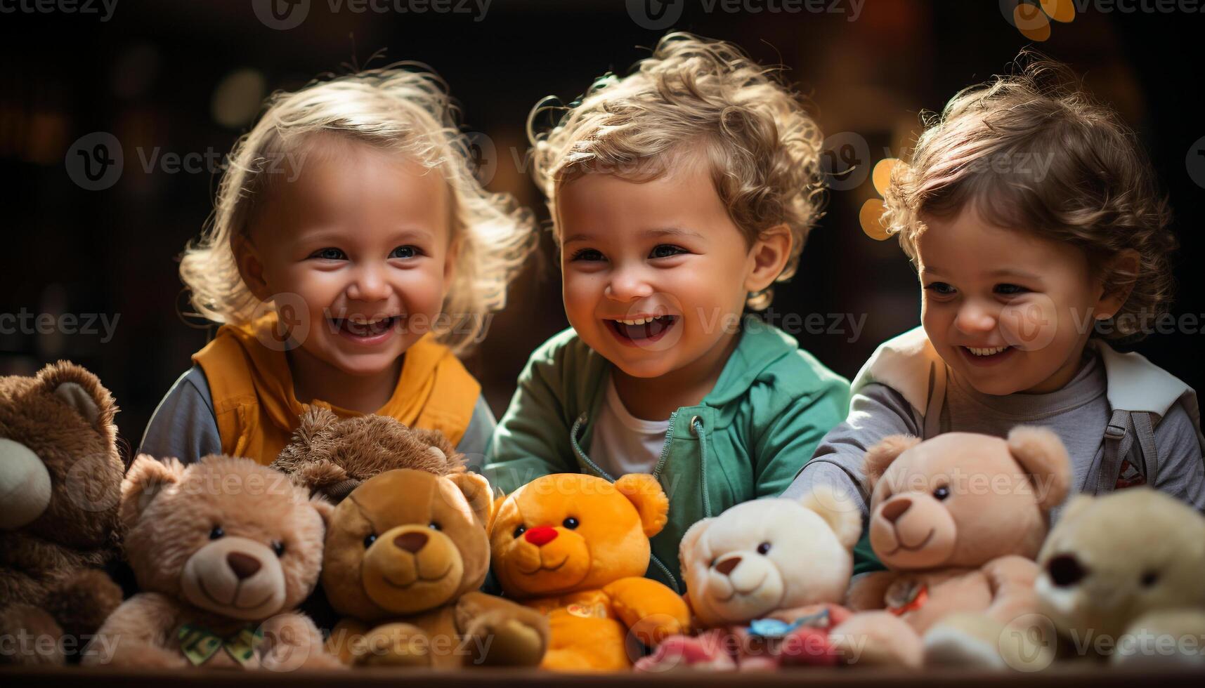 AI generated Smiling children playing with toys, joyful and cute generated by AI photo