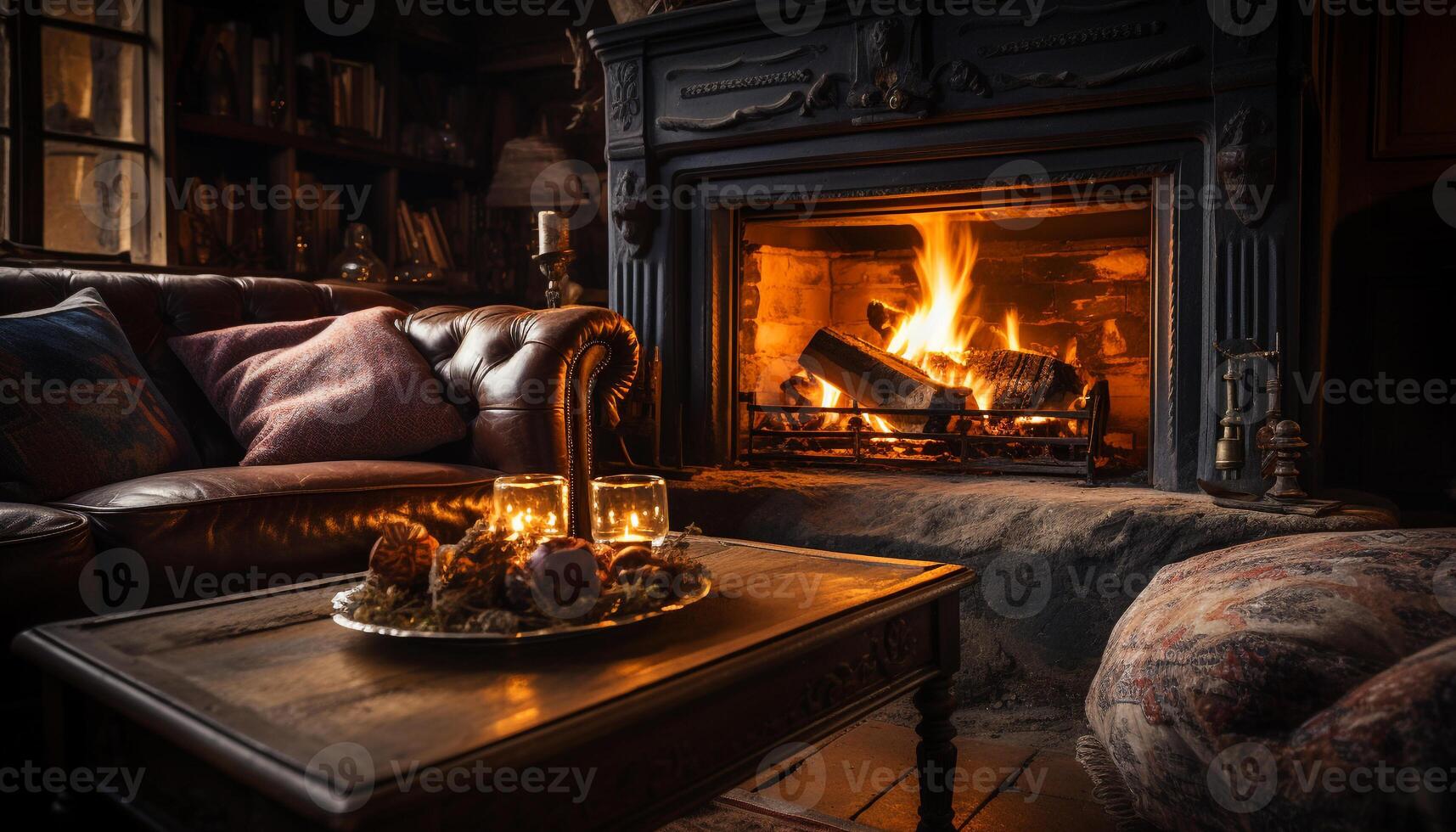 AI generated Cozy living room with burning fireplace brings warmth generated by AI photo