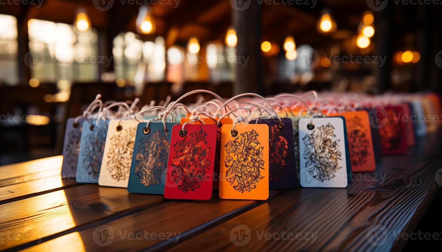 AI generated Wooden table with colorful decorations, illuminated at night generated by AI photo