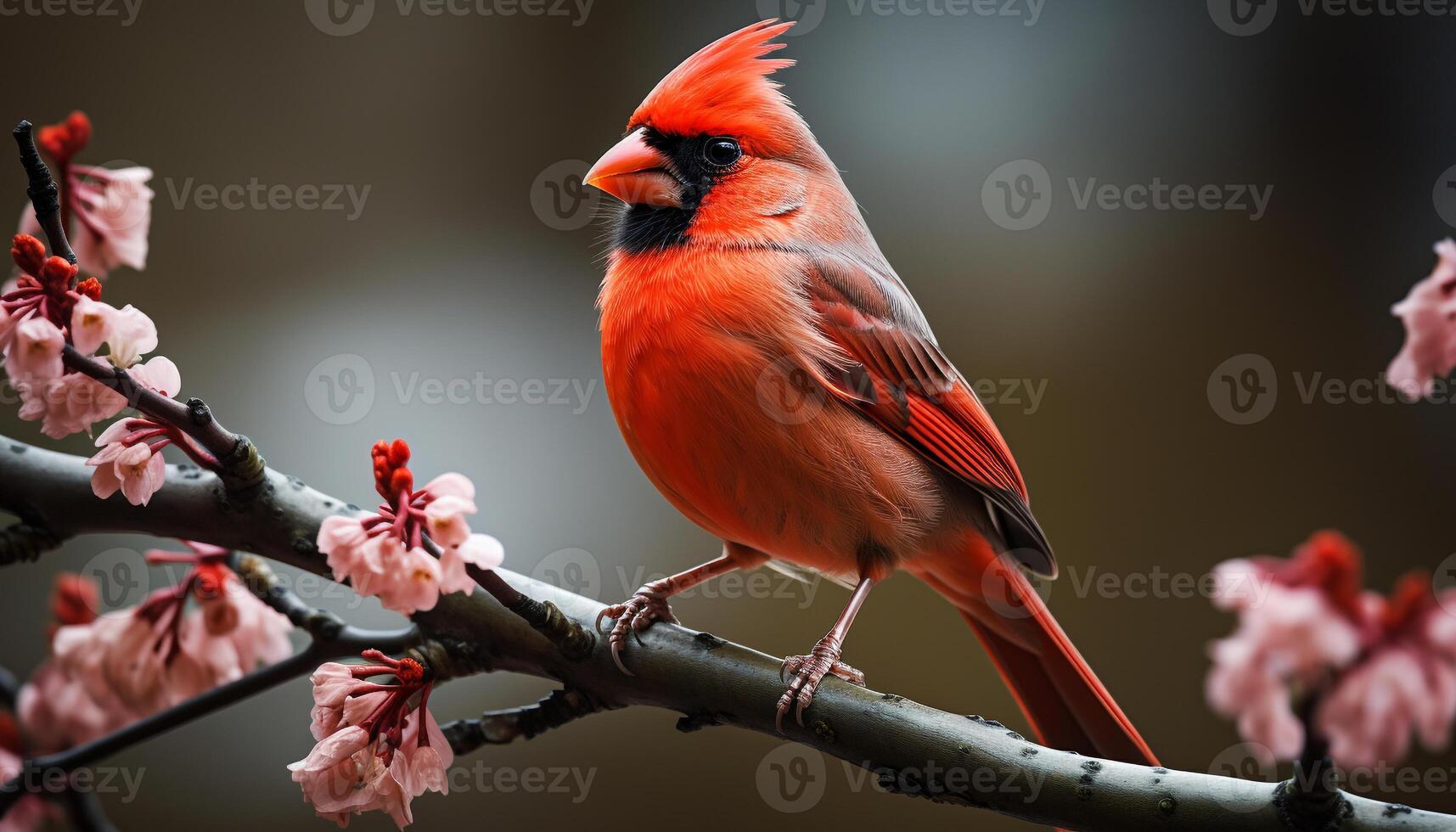 AI generated Vibrant cardinal perched on branch, surrounded by blossoms generated by AI photo