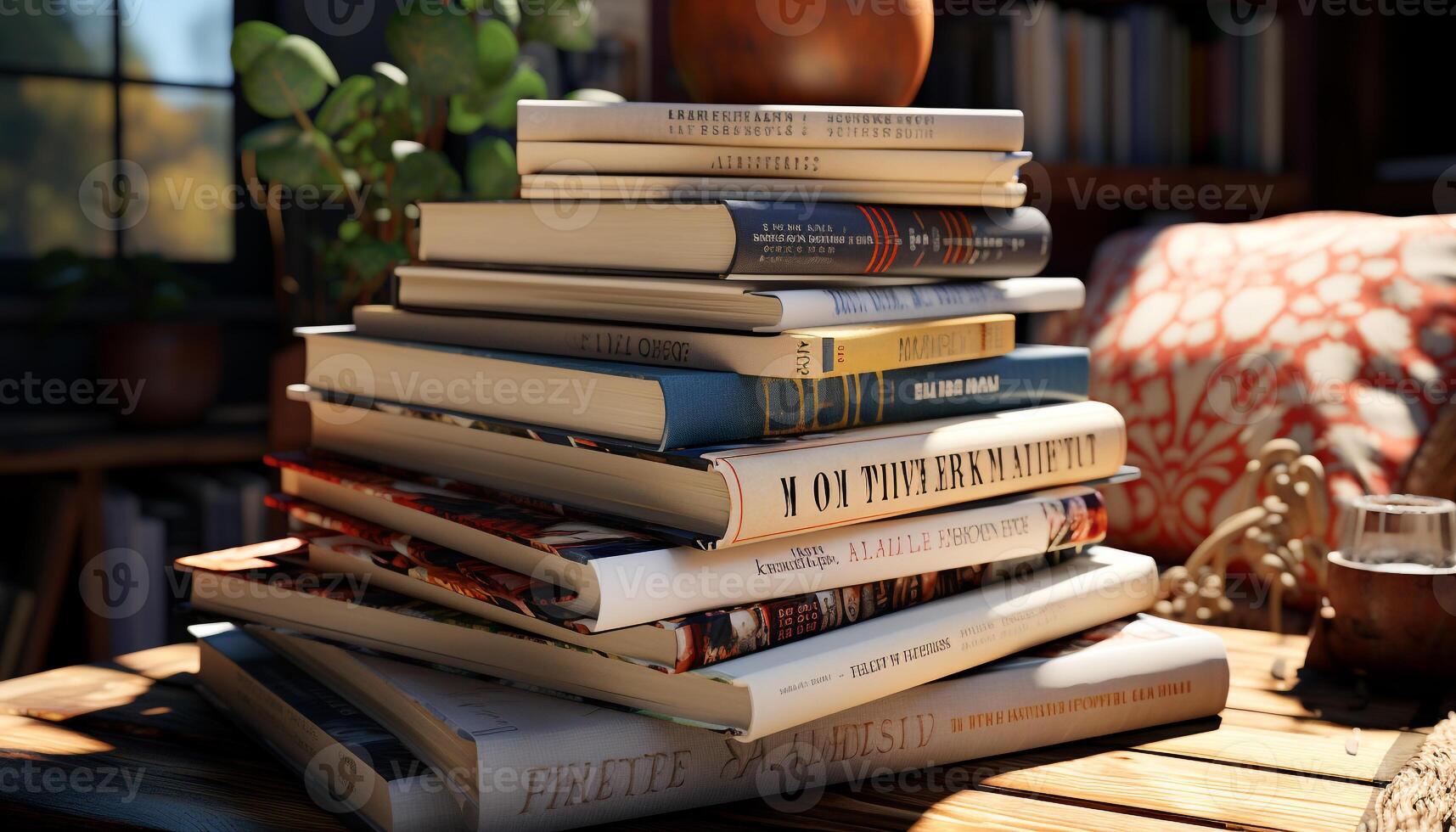AI generated Stack of old books on wooden bookshelf generated by AI photo