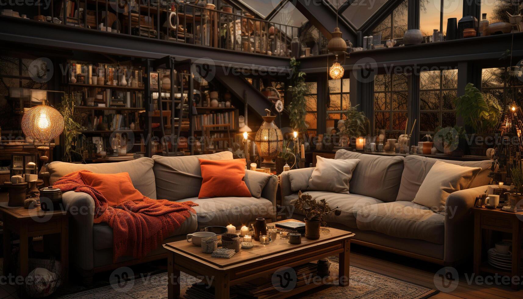 AI generated Cozy modern living room with comfortable sofa generated by AI photo