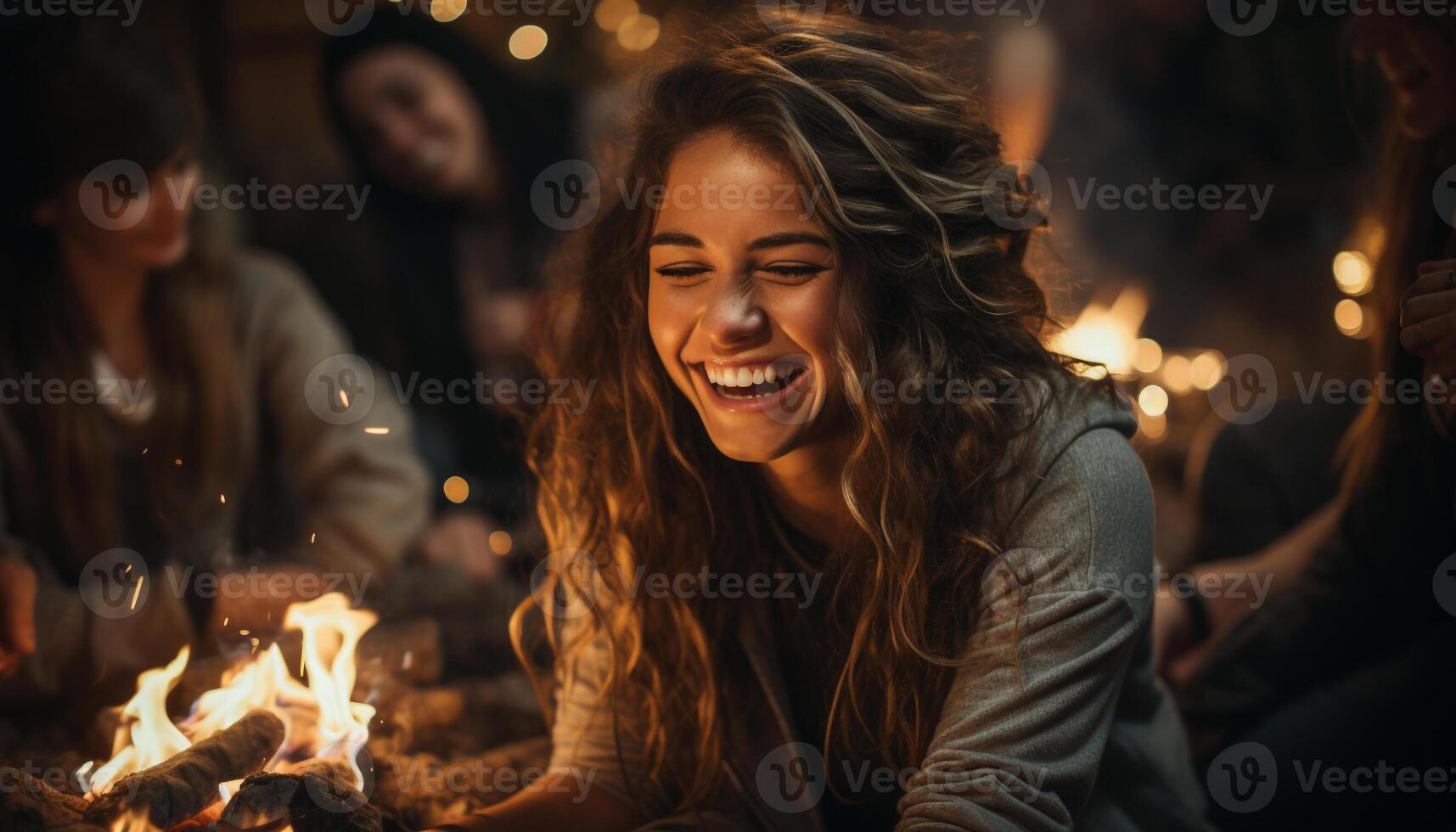 AI generated Smiling young women enjoying warmth by the fire generated by AI photo