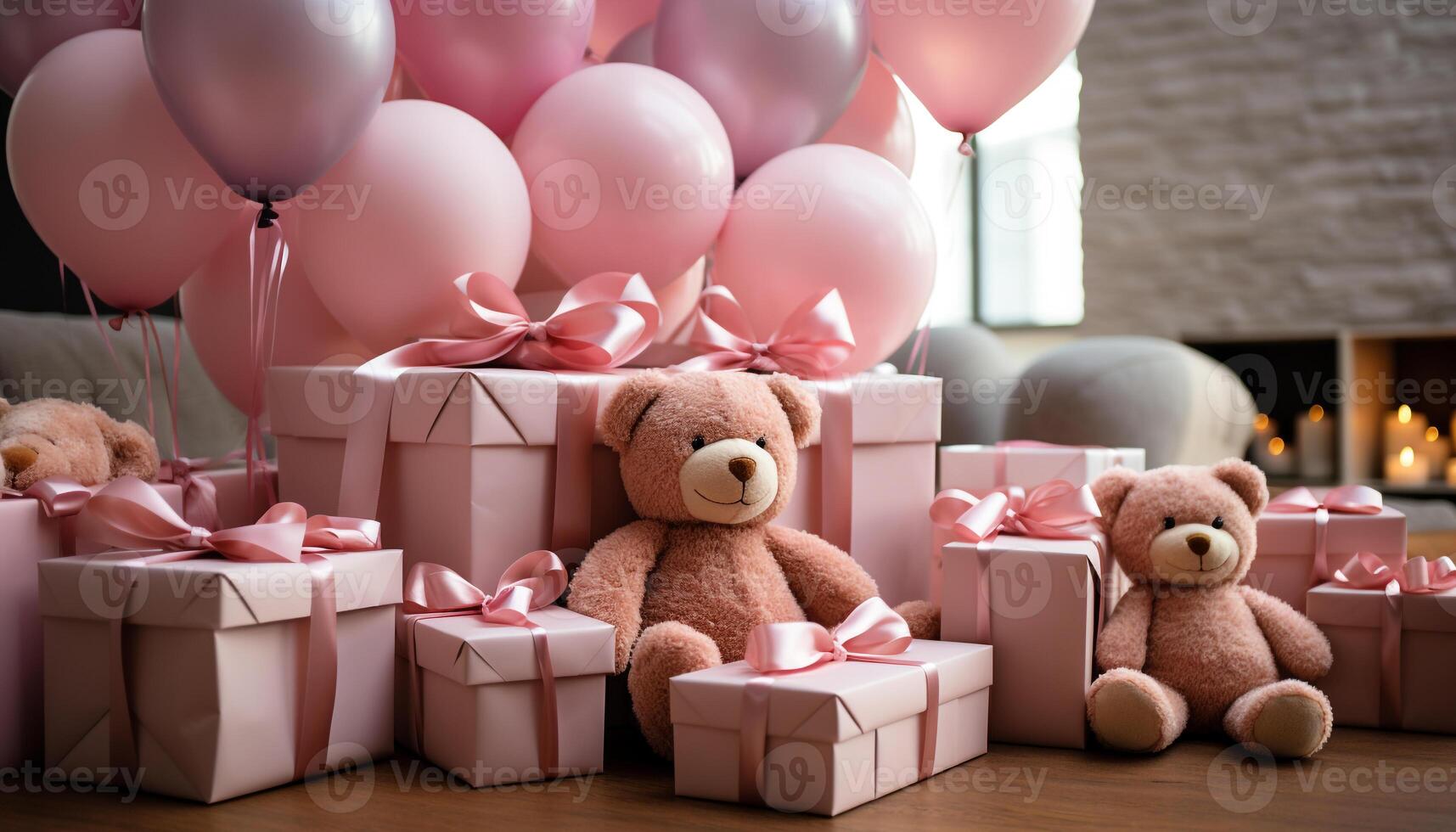 AI generated Joyful birthday celebration with cute teddy bear gift generated by AI photo