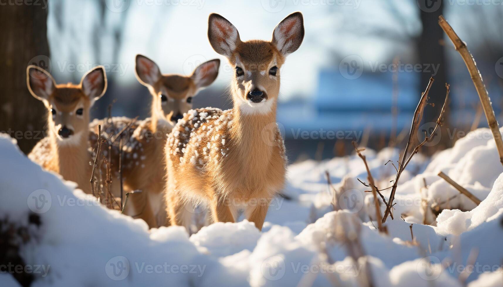 AI generated Cute deer in winter forest, looking at camera generated by AI photo