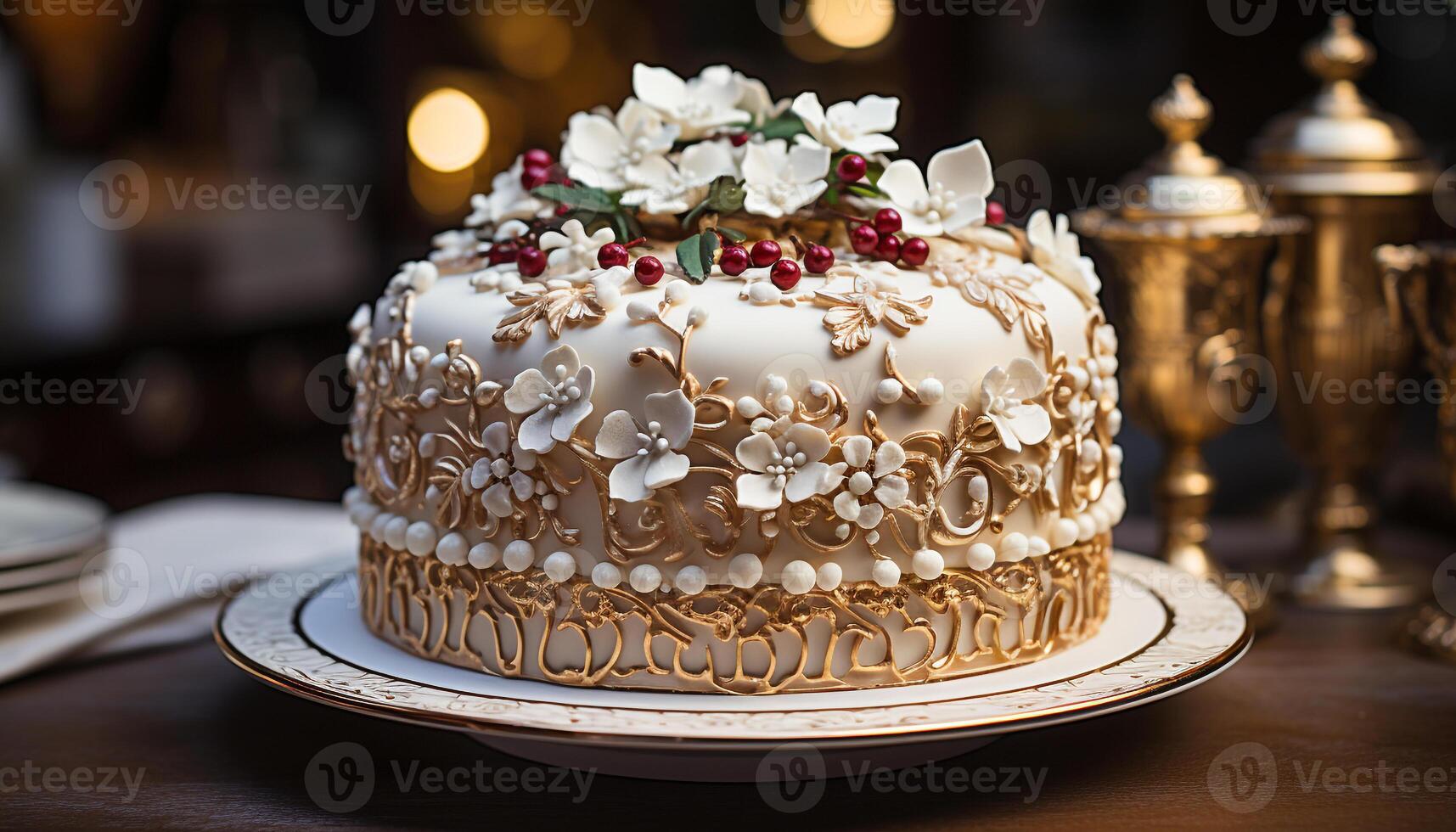 AI generated Gourmet chocolate cake with elegant floral decoration generated by AI photo