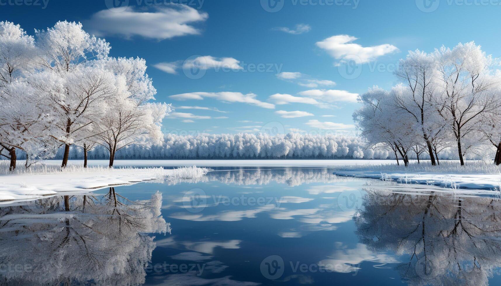 AI generated Winter landscape  snow covered tree reflects in frozen pond generated by AI photo