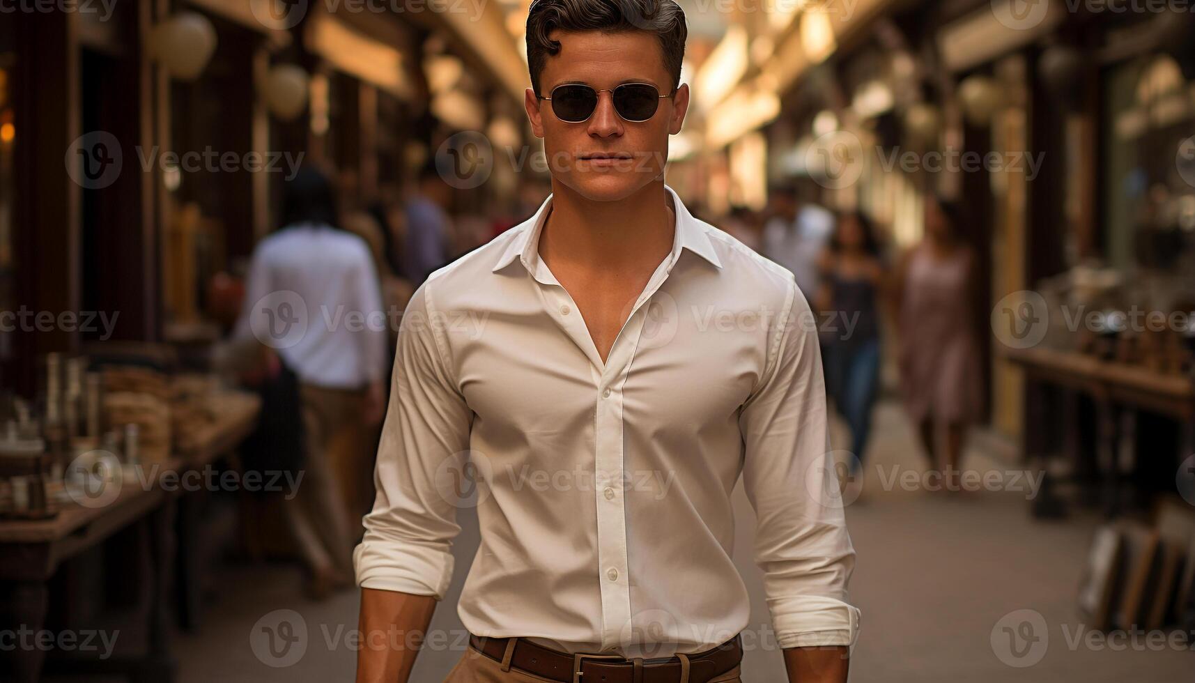 AI generated Confident young man in stylish sunglasses and suit generated by AI photo