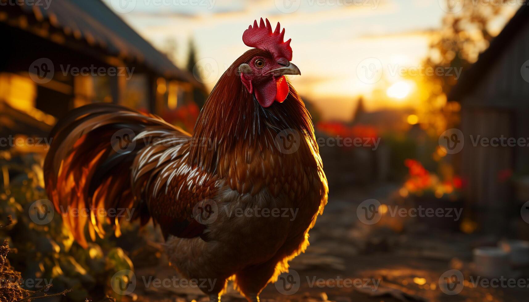 ai generado majestuoso gallo en pie en un rural pollo cooperativa generado por ai foto