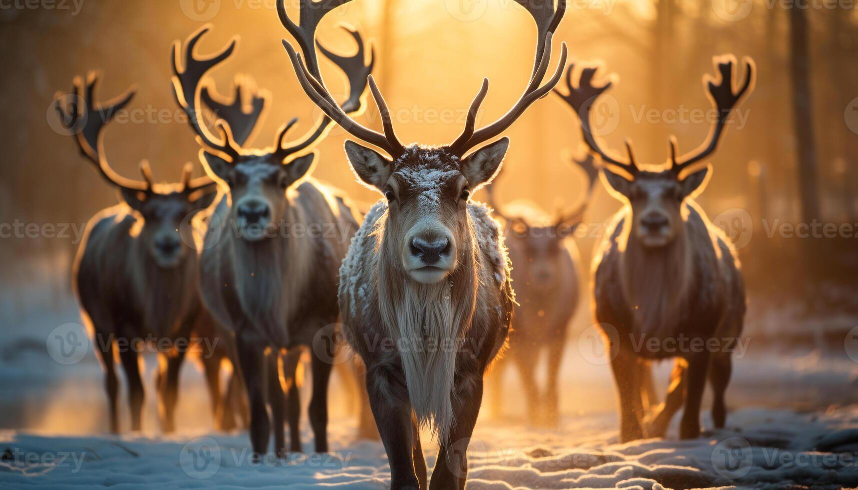 AI generated Winter landscape, deer grazing in snowy forest generated by AI photo