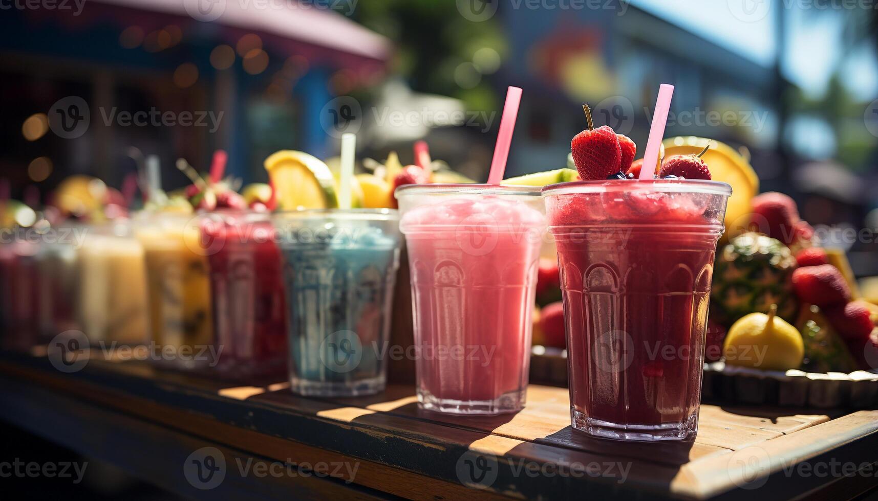 ai generado Fresco Fruta cóctel en mesa, refrescante verano bebida generado por ai foto