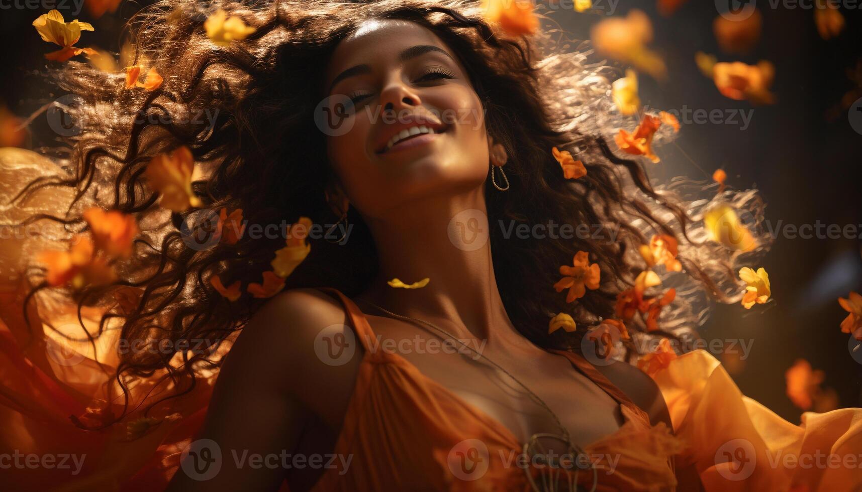 AI generated Smiling young woman enjoys autumn outdoors under tree generated by AI photo