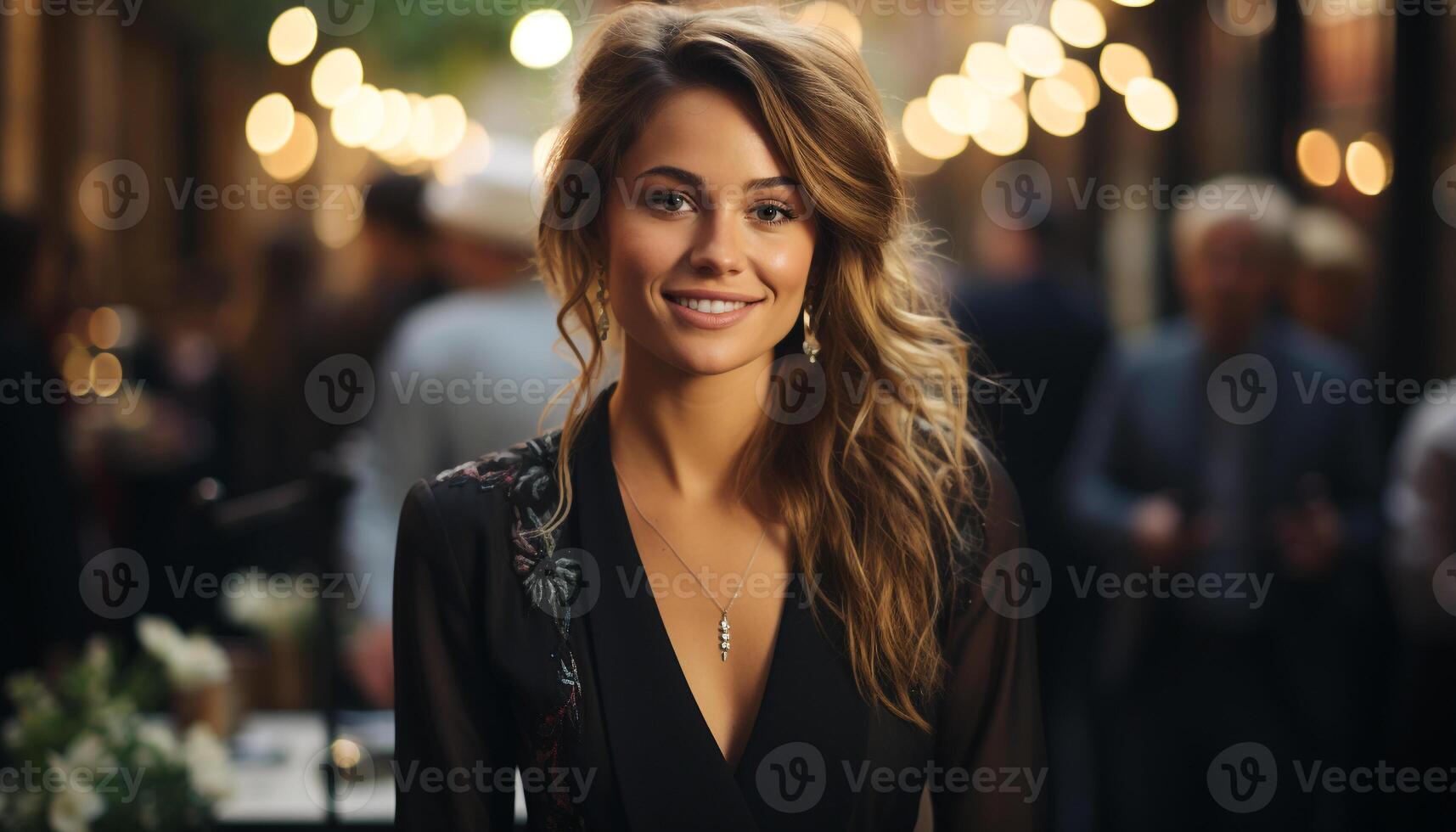 AI generated Young woman smiling, looking at camera, outdoors at night generated by AI photo