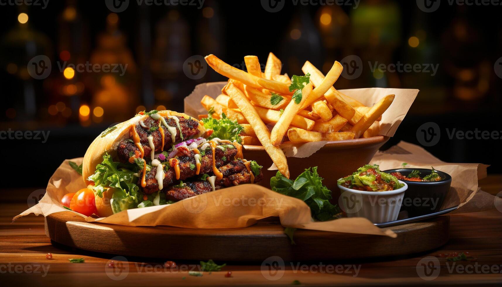 AI generated Grilled meat, fries, and burger on rustic table generated by AI photo