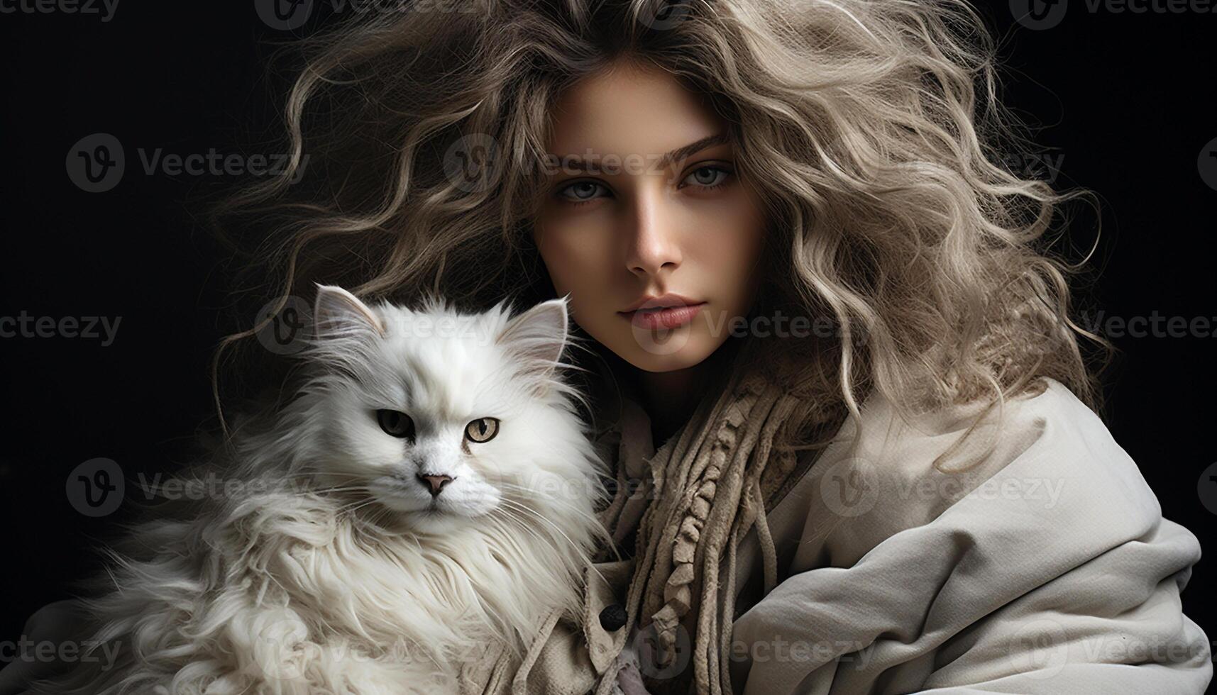 AI generated Cute woman with long blond hair and a cat generated by AI photo