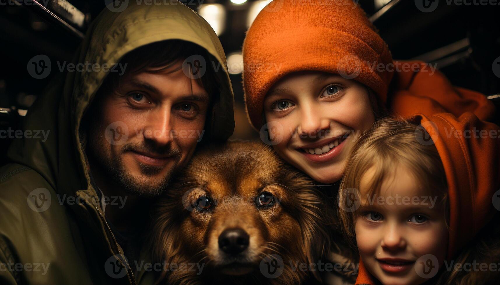 AI generated Smiling girl embraces cute dog in winter outdoors generated by AI photo
