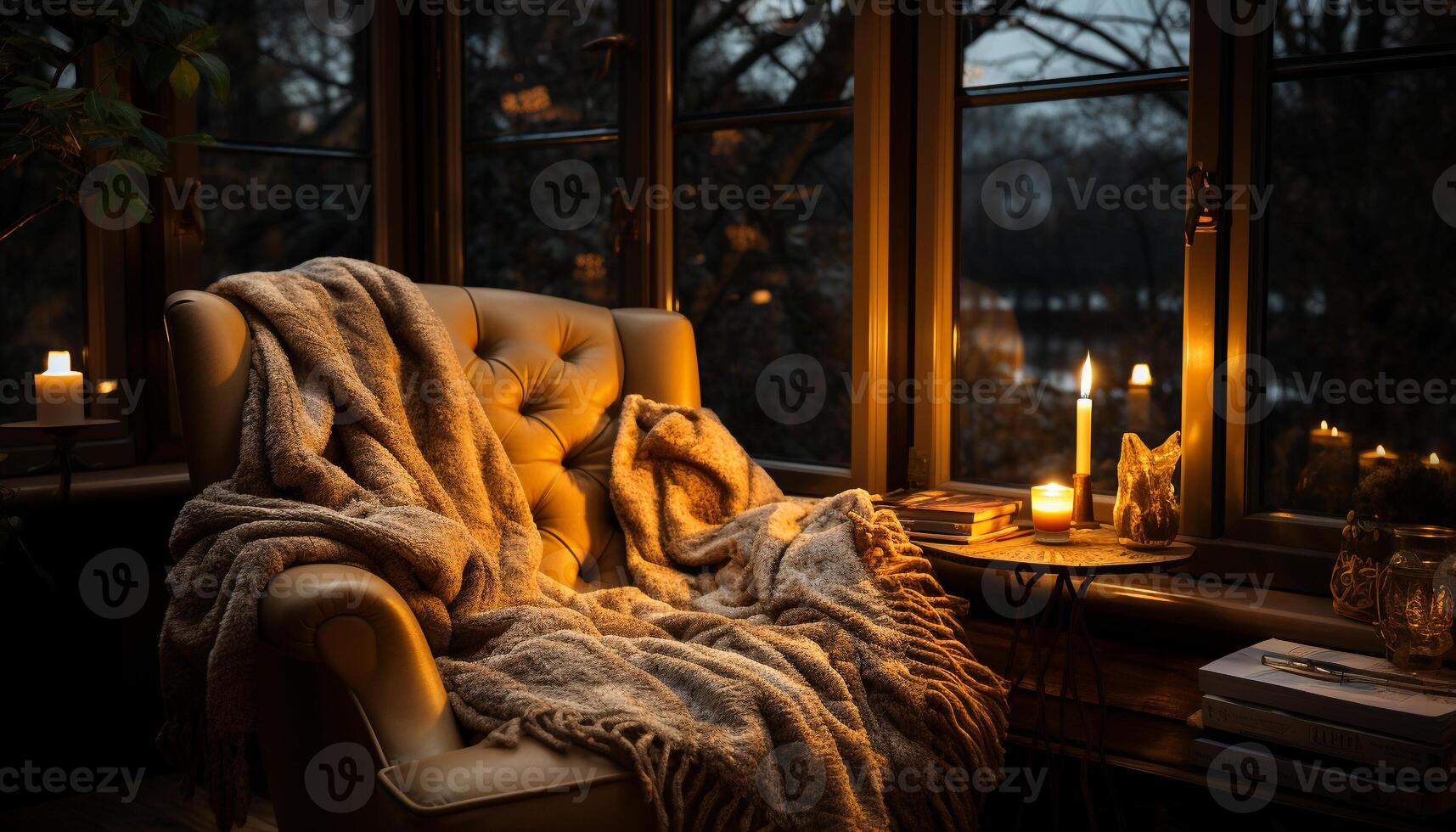 AI generated Cozy winter night, candle flame illuminates tranquil room generated by AI photo