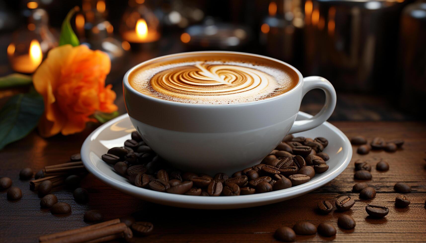 AI generated Freshly brewed coffee in a rustic wooden mug generated by AI photo