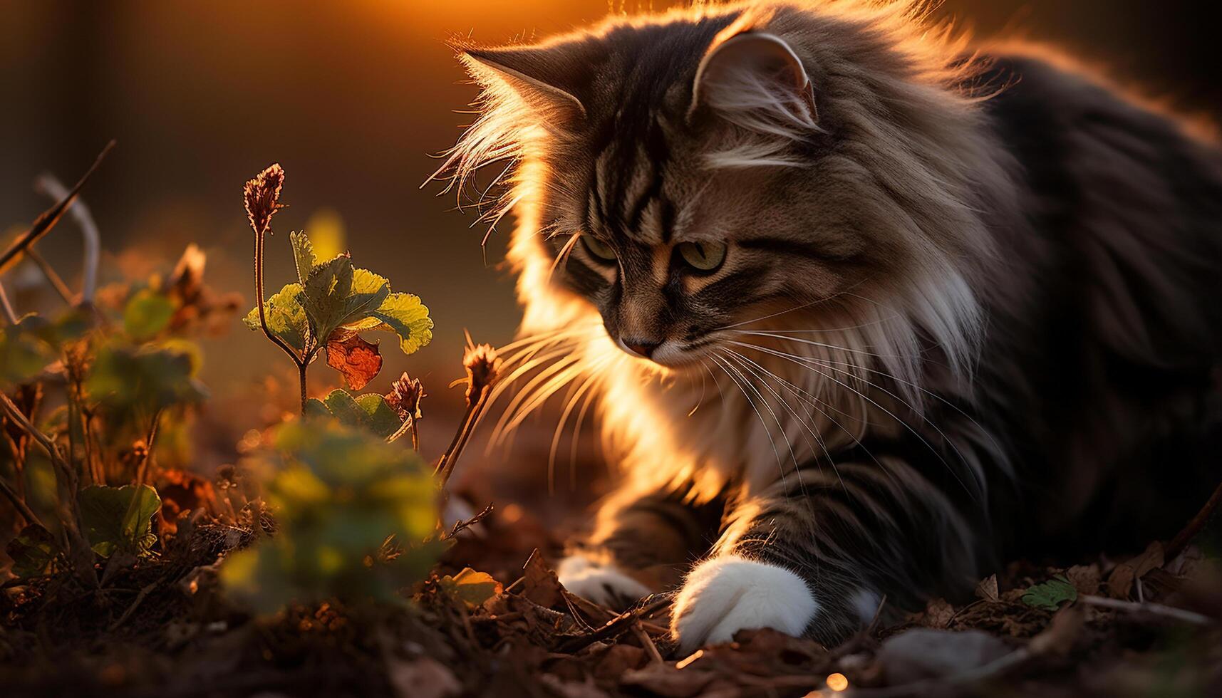 ai generado linda gatito sentado en césped, disfrutando el puesta de sol generado por ai foto