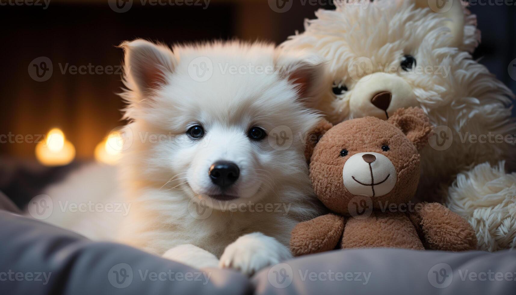 ai generado linda perrito jugando con un osito de peluche oso regalo generado por ai foto