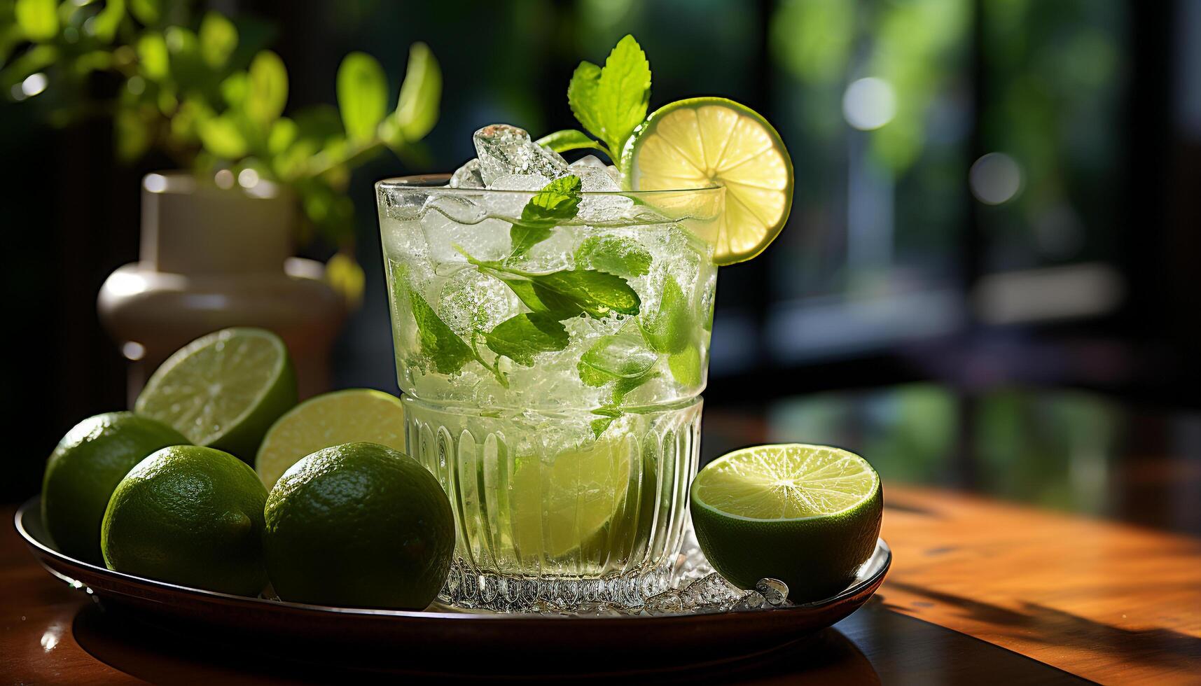 AI generated Refreshing mojito cocktail with lime and mint leaf generated by AI photo