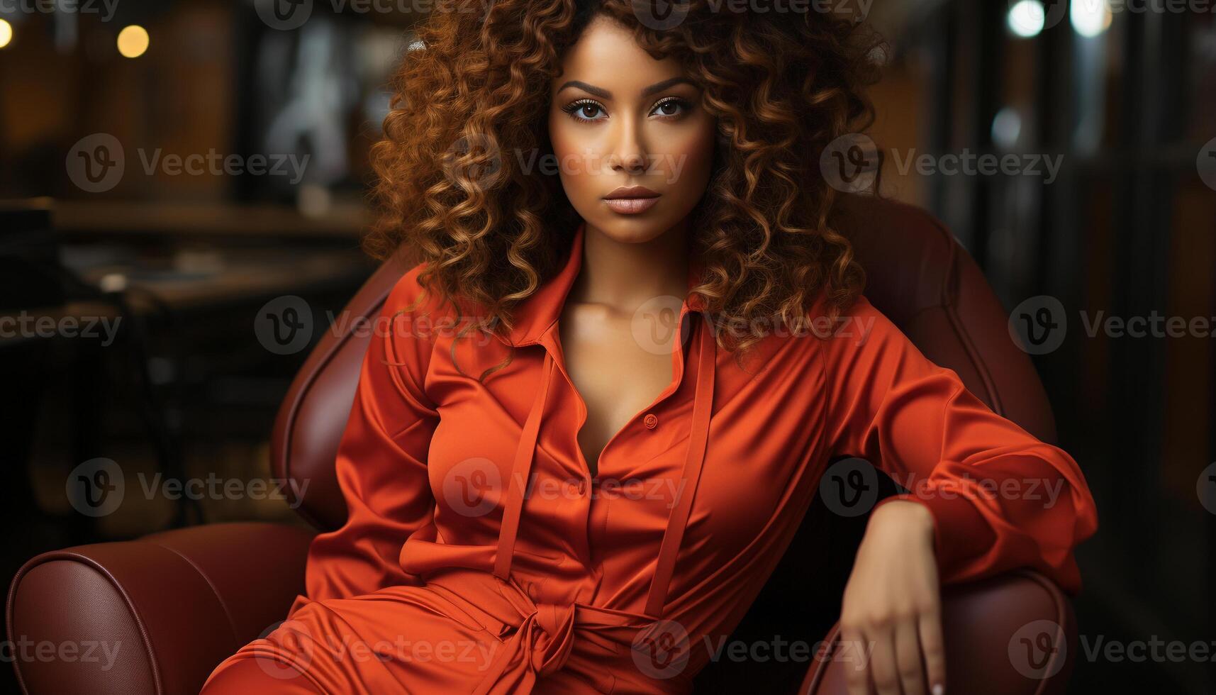AI generated Young woman sitting indoors, looking at camera confidently generated by AI photo