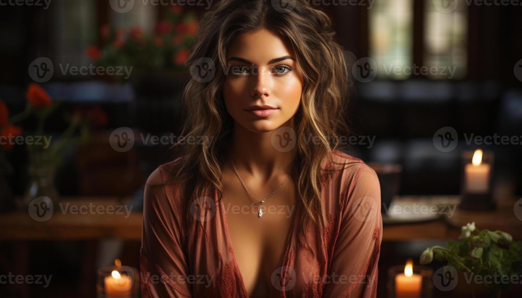 AI generated Young woman with brown hair sitting indoors, looking at camera generated by AI photo